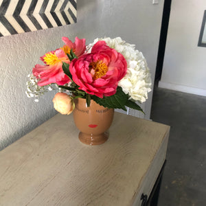 Selfie vase with beautiful peonies and white hydrangeas 
